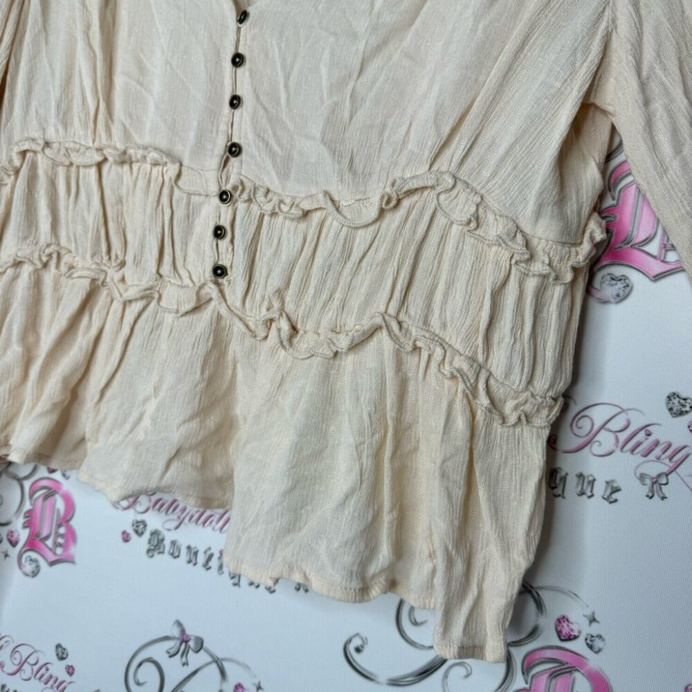 Buffalo long sleeve blouse top crochet style button down blouse puff ruffle boho - Picture 4 of 7